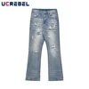 Ripped Hole Casual Denim Pants Mens Retro Washed Distressed Loose Straight-leg Vibe Style Flared Pants 1