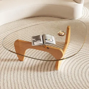 MidCentury Modern Coffee Table Triangle Glass Top tural Wood Base Triangle Coffee Table for Living Room Patio Office Abstract E 1