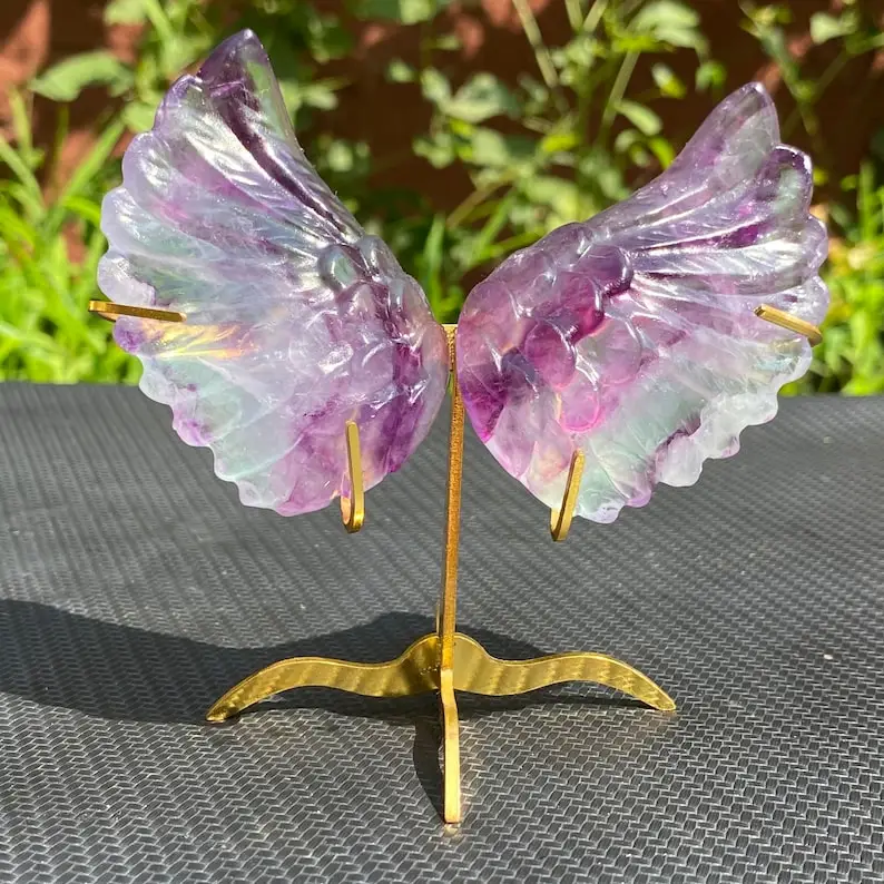 Natural A Pair of Fluorite Wings+ Golden Stents,Wings Of Angel,Mineral samples,Home Decoration,Reiki Heal,Crystal Gifts,Angel's 6