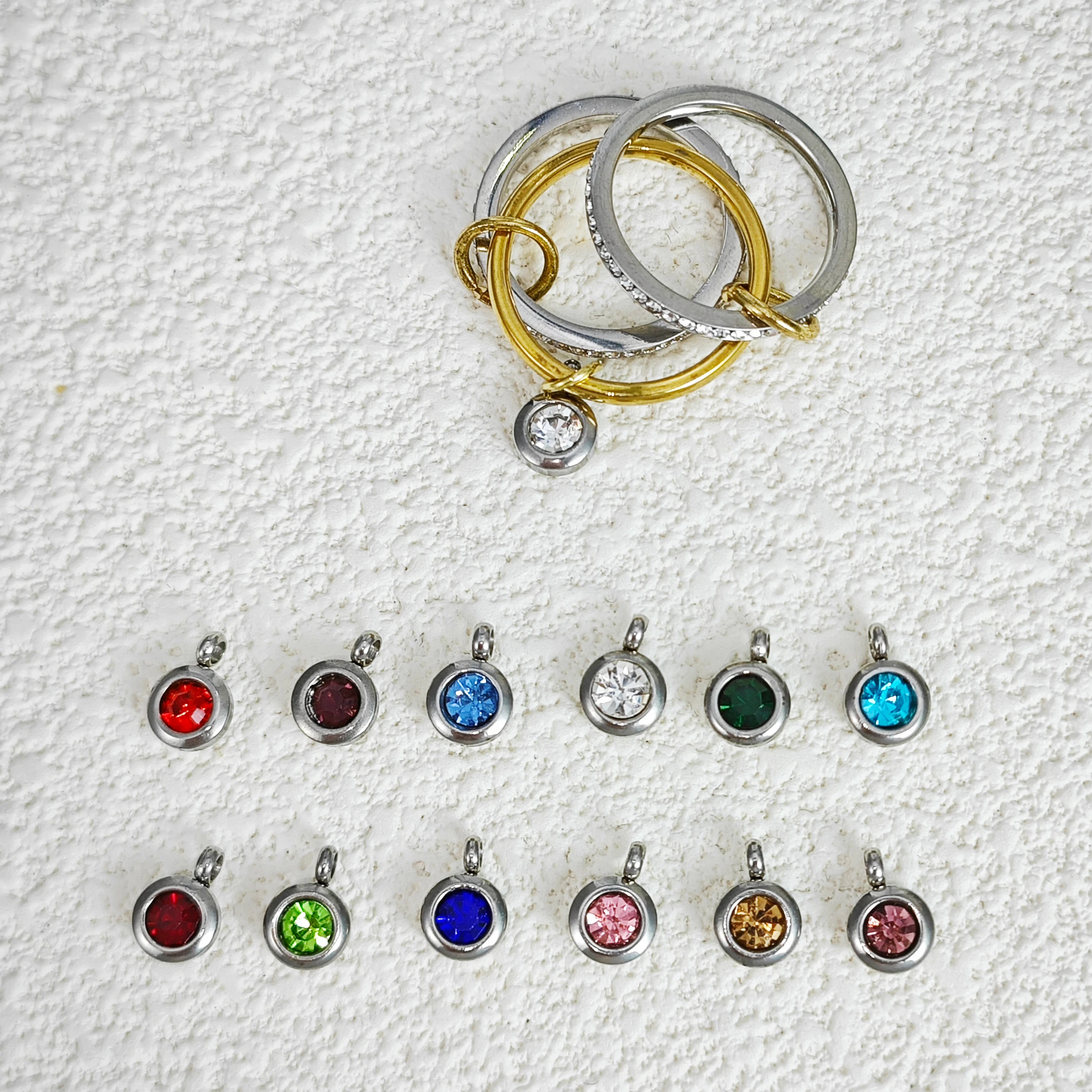 12 Color Birthstone Pendant Charm Rings Set Minimalist Zircon