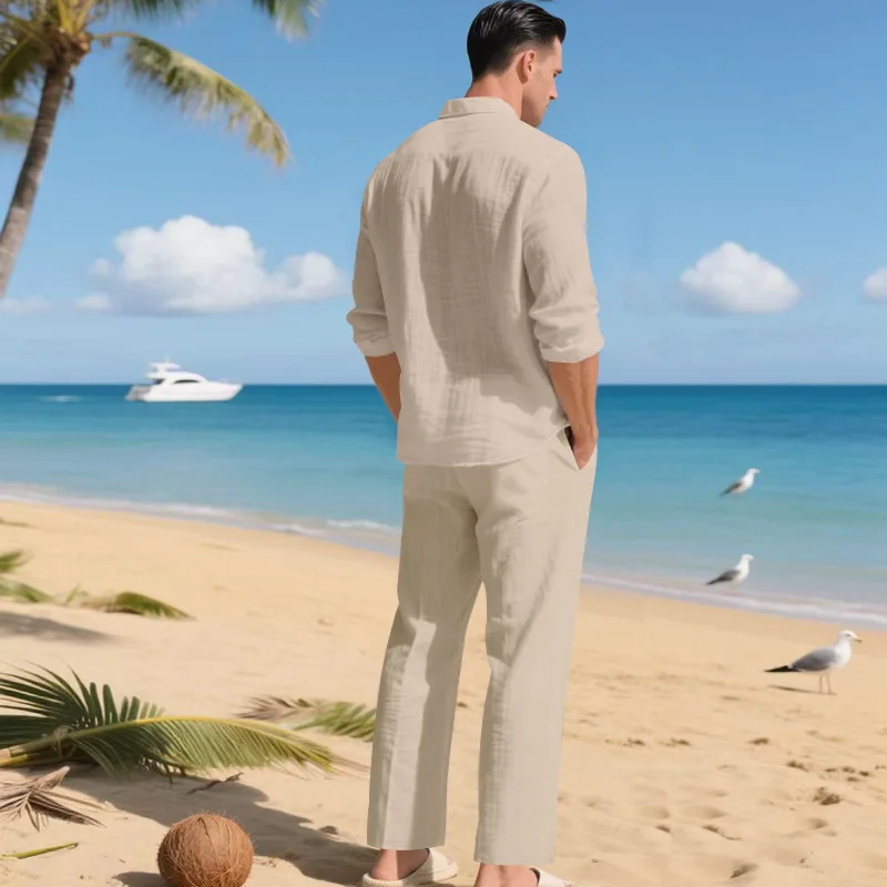 Men's Autumn Loose Trend Linen Solid Color Simple Lapel Long-Sleeved Shirt Beach Trousers Set
