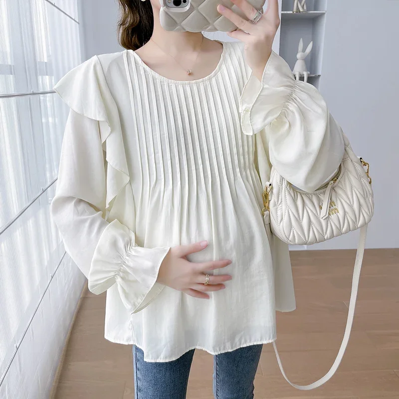 Spring Summer Long Sleeve Blouses for Maternity Sweet Ruffle A Line Tunic 24SS Y2k Pregnancy Tops