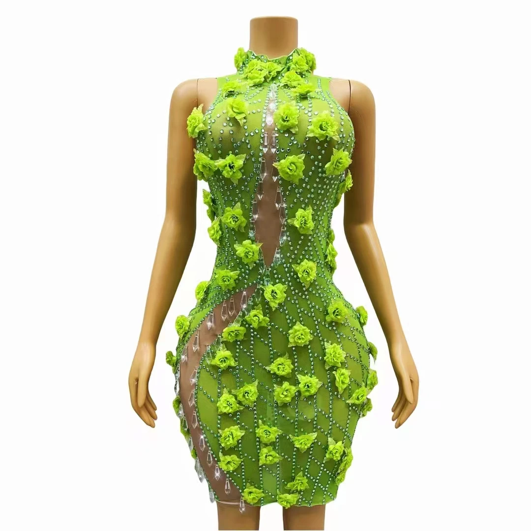 

Sexy Luxury Evening Celebrate Catwalk Flower Dress Women Celebrity Birthday Green Rhinestone Floral Short Dresses Singer Costume