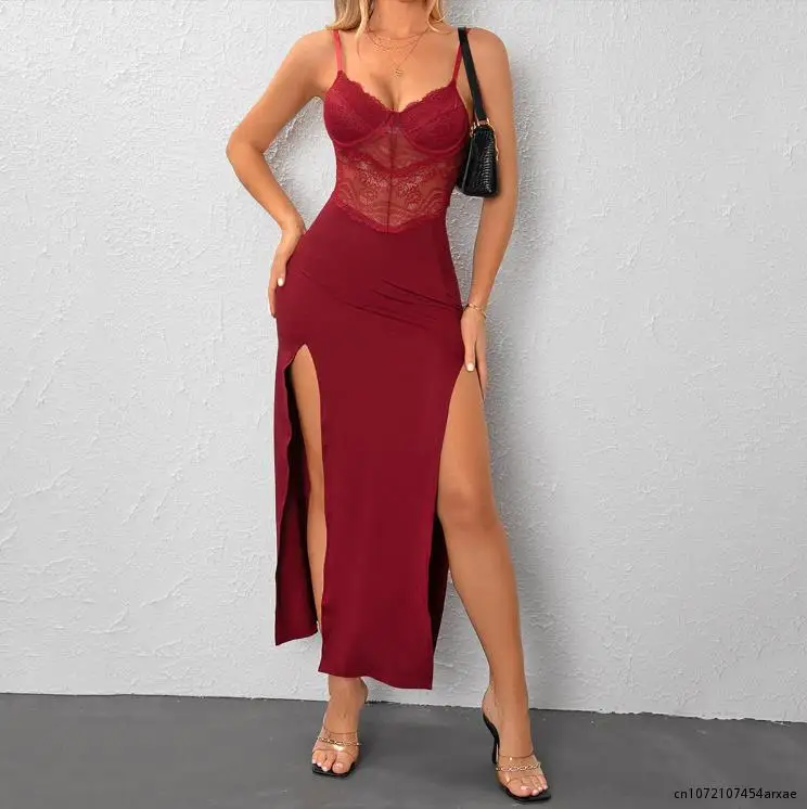 

2023 Summer New Fashion Sexy Patchwork Suspender Dress High Waist Sim Dress Split Dress Sling Long Evening Party Dress