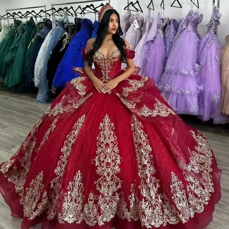 Wine Red Quinceanera Dresses Gold Applique Lace Sweetheart Off The Shoulder Crystal Beading Ball Gown Vestidos De 15 Anos