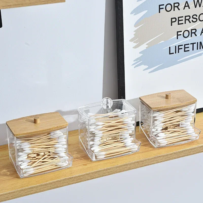 1Pcs Cotton Swab Holder, Cotton Swab Dispenser with Bamboo Lids,Bamboo Bathroom Storage Jars Storage Containers Clear Plastic 4