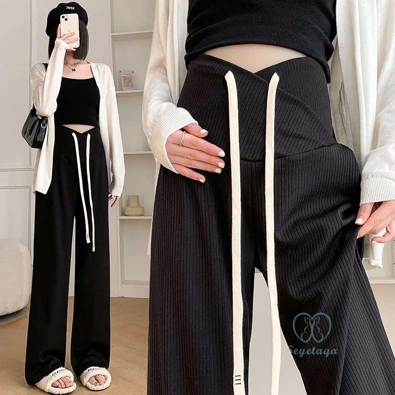 Drawstring Across V Low Waist Belly Maternity Pants Spring Fashion Straight Clothes for Pregnant Women During Pregnancy women pants,maternity pants