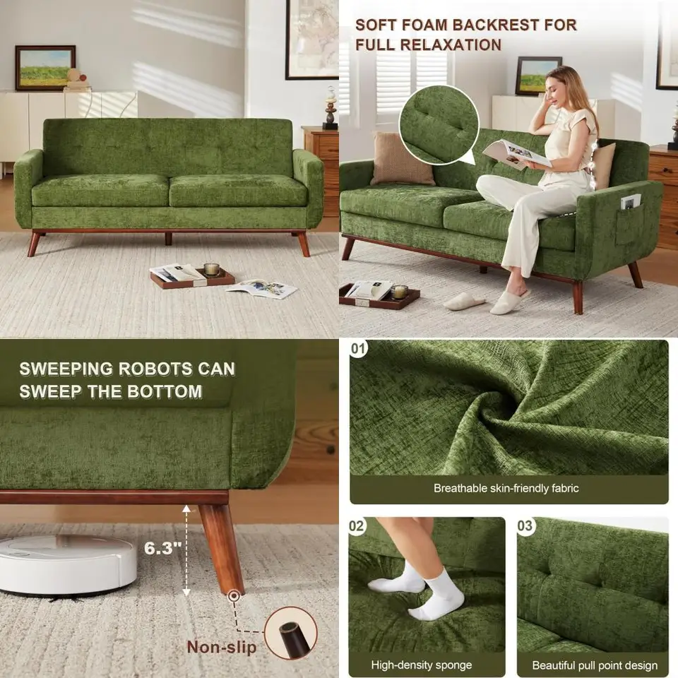 ミッドセンチュリーモダンなオリーブグリーンシェニール2人掛け