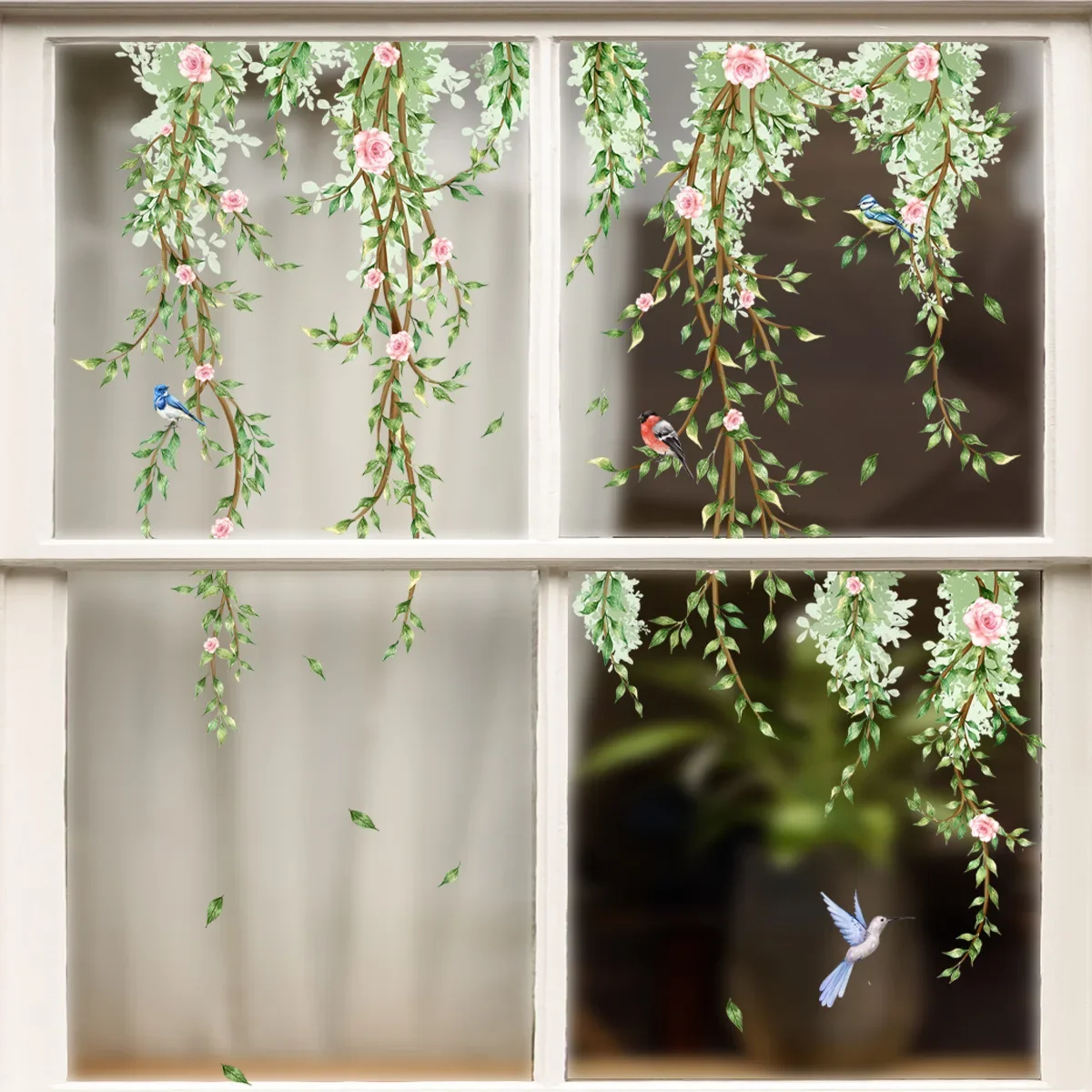 Wall and Window Stickers Branches Flowers Birds Glass Living Room Window Theme Decorative Electrostatic Mural