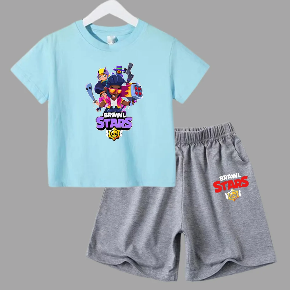 thumbnail image 1 of Conjunto de 2 piezas de camiseta de manga corta y pantalones cortos con estampado de anime de verano para niños y niñas, ropa informal de cuello redondo, 1 of 5