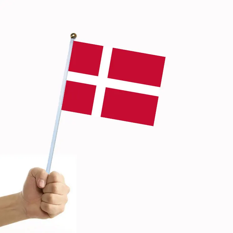 

100pcs DK Denmark hand Flag14*21cm Polyester Double Side Printing Danmark DK Hand waving Flag with plastic flagpole