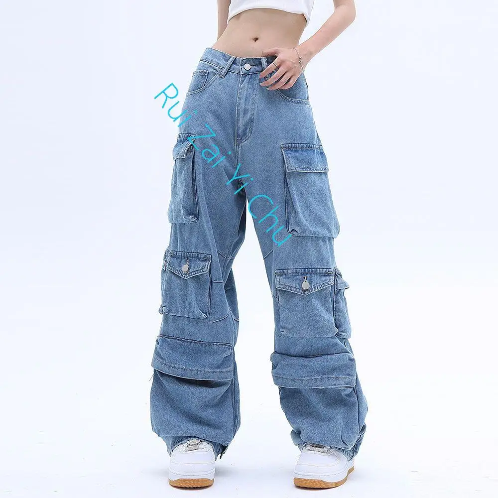 New Heavy Industry High-Quality Multi-Pocket Best-Selling Jeans Women Street Hip-Hop Straight High Waist Wide-Leg Pants 2023 Y2K