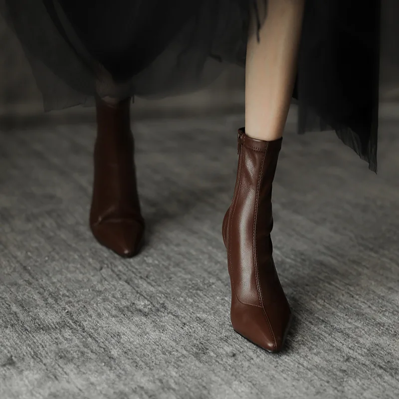 

2023 NEW High Heels Dress Shoes Pointed Toe Bare Boots Black Booties Thin Heeled Fashion Ankle Boots Retro Ladies Shoes Botas