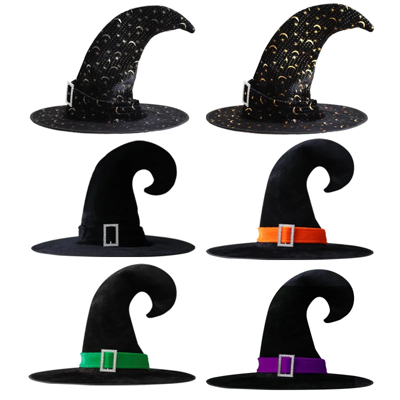 

1pcs Halloween Witch Hat for Women Men Boy Girls Ribbon Star Moon Printed Brim Cosplay Costume Carnival Party Decorations