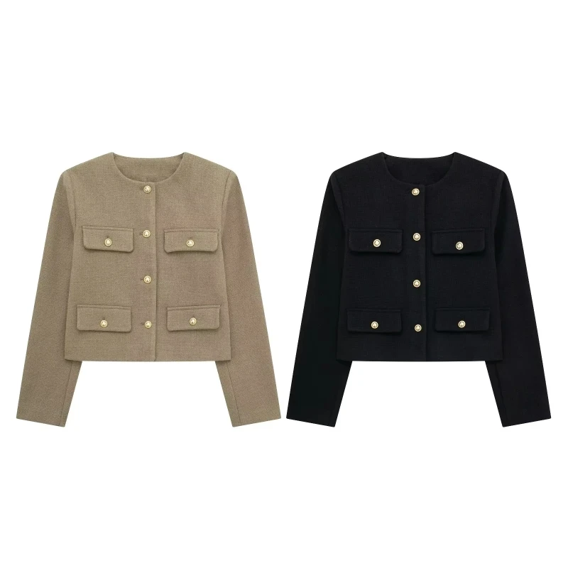 

Autumn New Round Neck Long Sleeve Simple Flap Decoration Short Suit Loose Versatile Jacket for Women