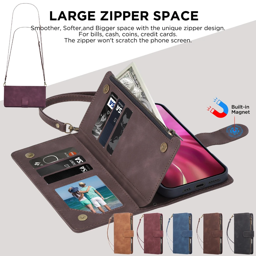 Crossbody Leather Wallet Phone Case with Strap and Stand Feature