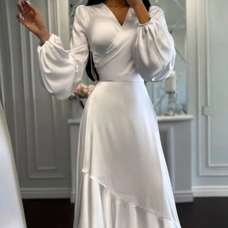 

Long Sleeve Sexy V-neck Temperament Waist Irregular Silk Birthday Party Dress Ladies Retro Belt Satin Elegant A-line Party Dress