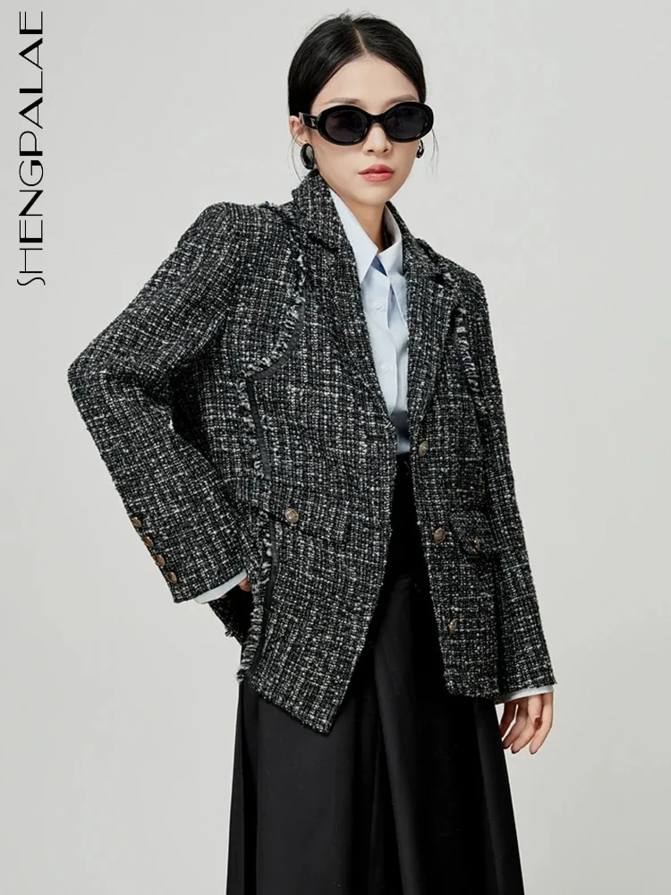 

SHENGPALAE Fashion Women Tweed Blazers Temperament Notched Collar Burrs Spliced Suit Jacket Autumn 2023 New Tide Outwear 5R7957