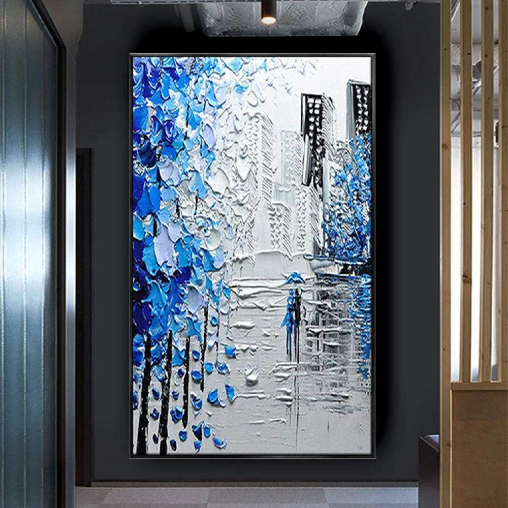 

Nordic Original Canvas Art Wall Picture Blue Knife Texture City Poster Handmade Oil Painting Decor Living Room Bedroom Trim Gift