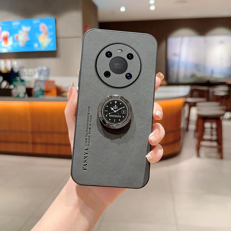 Luxury Matte Leather Phone Case with Ring Bracket and Shockproof Design