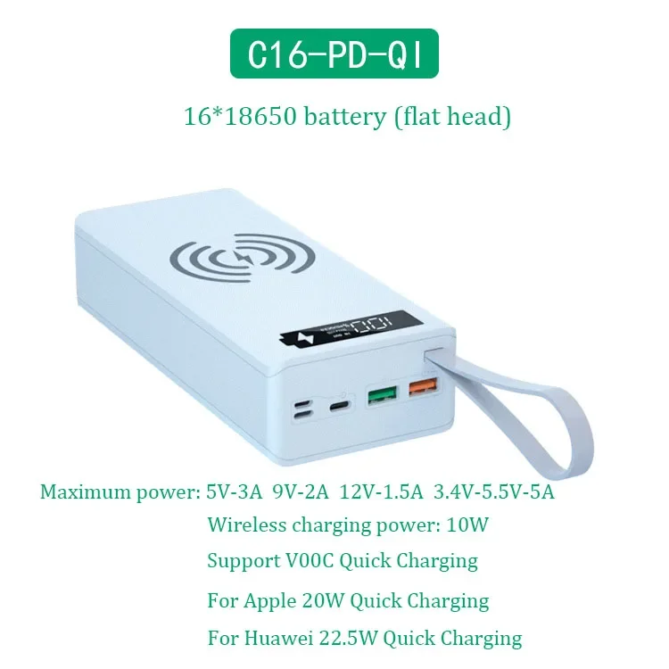 Power Bank Case Battery Charger 16*18650 Detachable Support Quick & Wireless Charging DIY Power Bank Shell without Battery