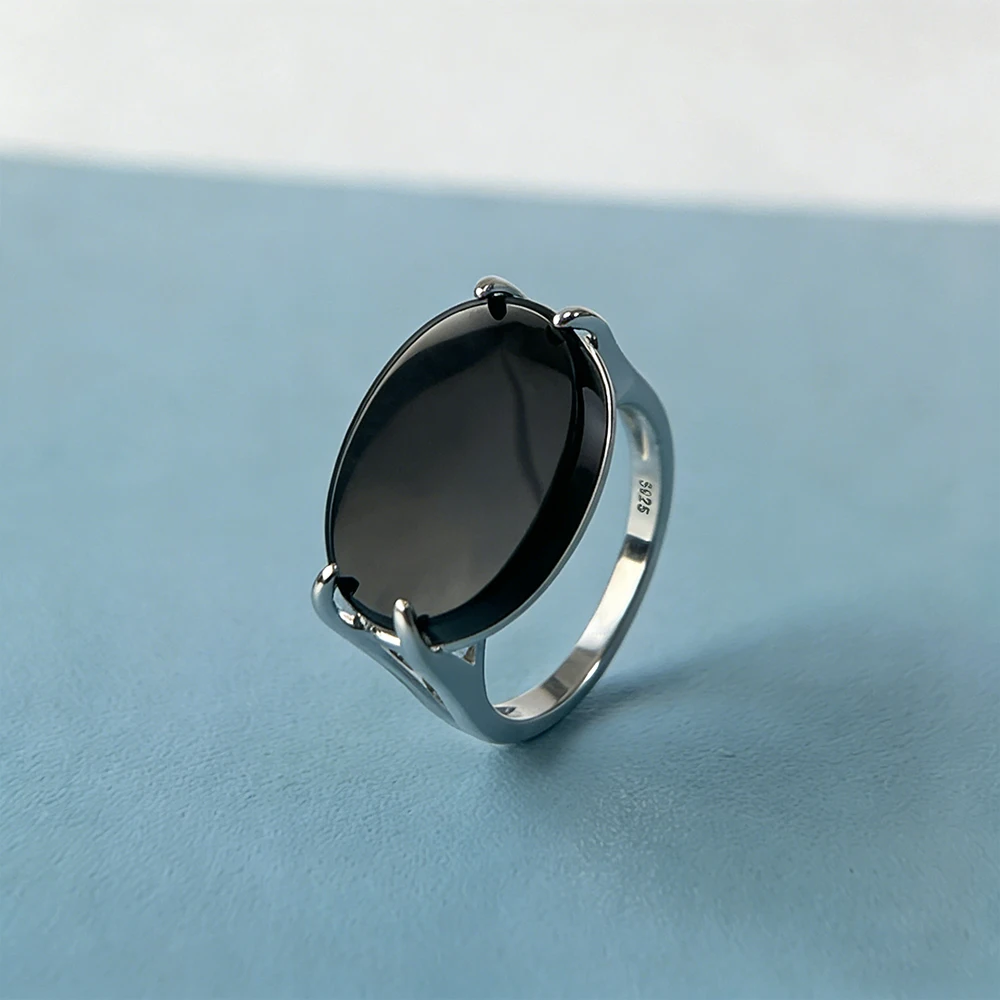 S 천연 대형 블랙 아게이트 스톤 링 13*18mm 타원형 빈티지 블랙 링 남성용 ..