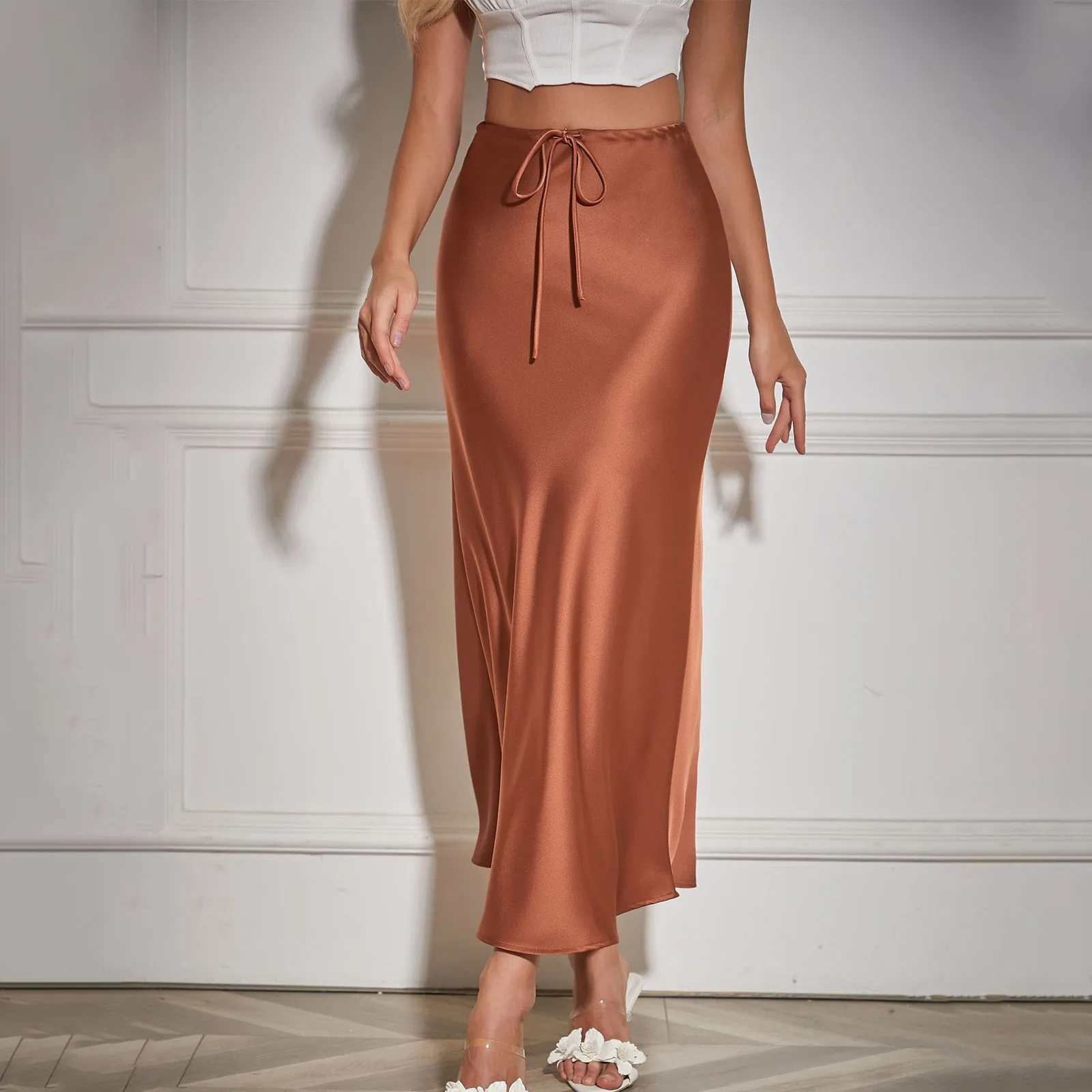 

Ladies Skirt 2024 Satin Maxi Skirt Casual Long Skirts Tie Waisted Women Fishtail slim Solid Color Sexy smooth mermaid dress