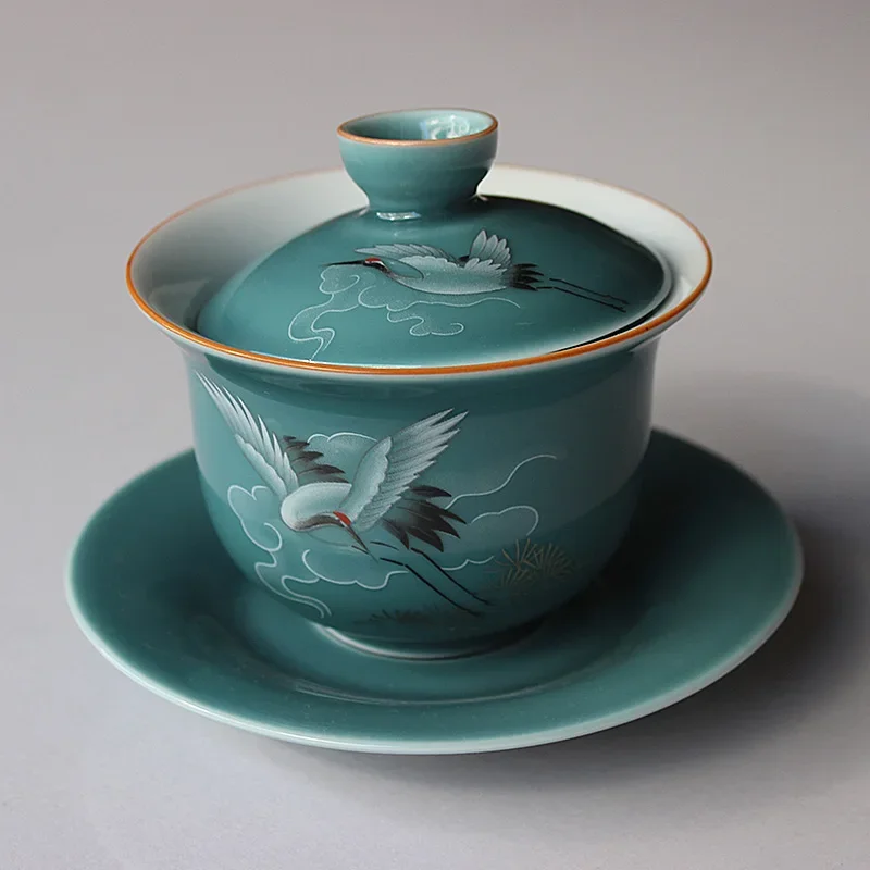 Sancai Gaiwan Ceramic Large Cover Bowl Tribute Tea Bowl Kung Fu Tea Set Glazed Blue Crane Tureen
