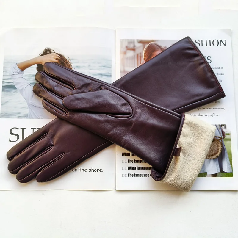 Neue lange Damen-Lammfellhandschuhe mit Plüschisolierung und winddichten Lederhandschuhen zum Autofahren – Detail 13