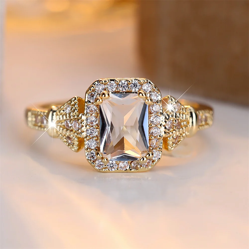 Luxury Crystal Square Zircon Stone Rings For Women Vintage Gold Color Engagement Bands Wedding Jewelry Bridal Versatile Gifts
