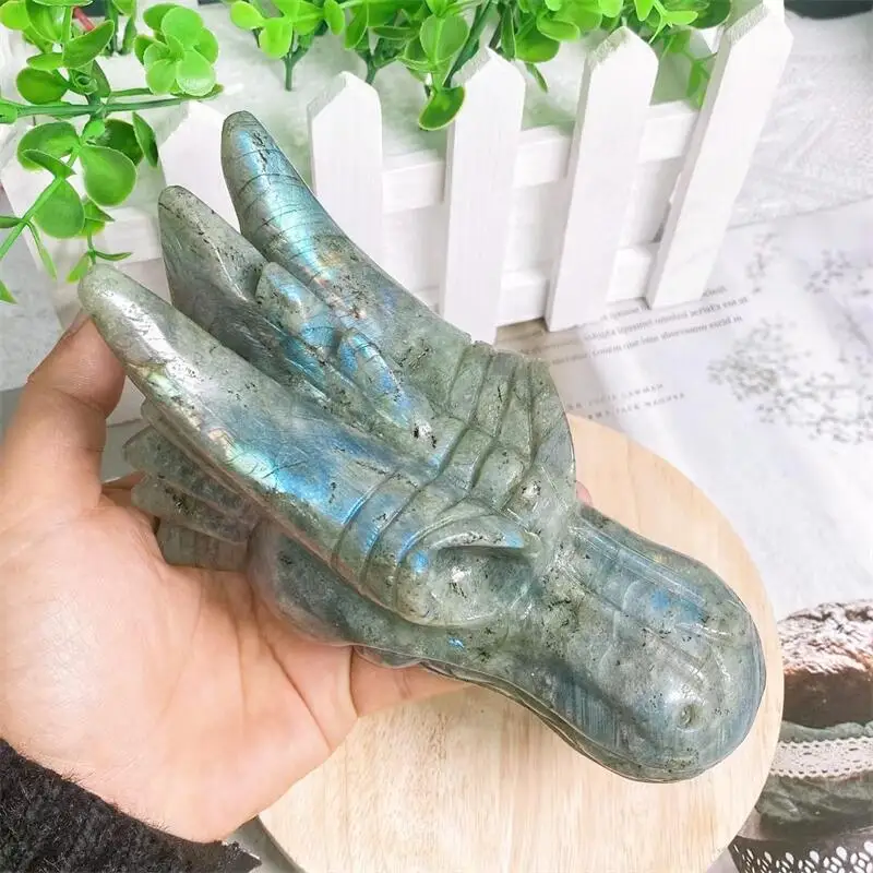 

14CM Natural Labradorite Dragon Skull Carved Crystal Powerful Animal Collectible Home Decorations Birthday Present 1pcs