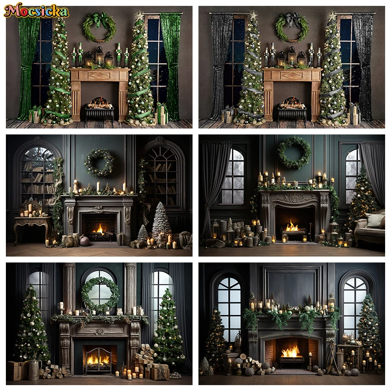 

Christmas Indoor Fireplace Background For Photography Retro Wall Wreath Tree Photo Studio Kits Backdrop Decoration Photozone