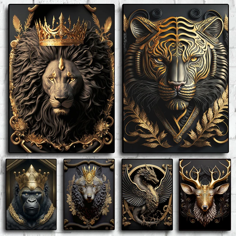 Scultura In Metallo Gorilla King Canvas Painting Print Golden Lion Tiger Deer Bull Poster Art Animal Statue Picture Wall Decoration