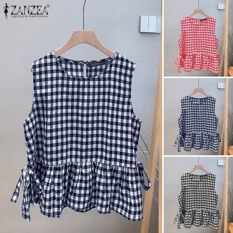 Mode Urlaub Tanks Tops Zanzea Frauen Sommer ärmellose Bluse Retro Plaid karierte Camis Freizeit hemd Schnür Strand T-Shirts Tunika – Detail 6