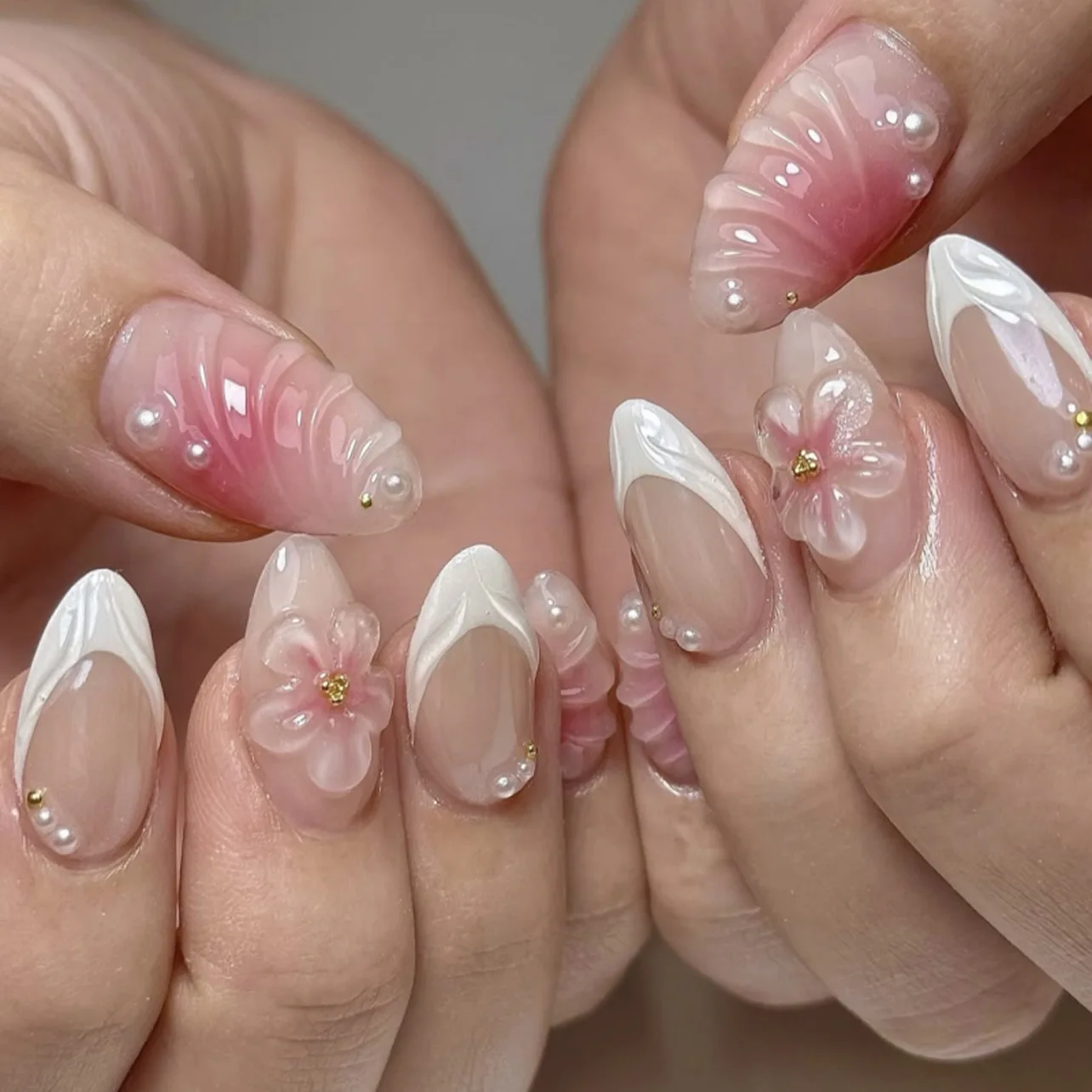 Summer Blossom 3D Pearl Water Ripple False Nails Set