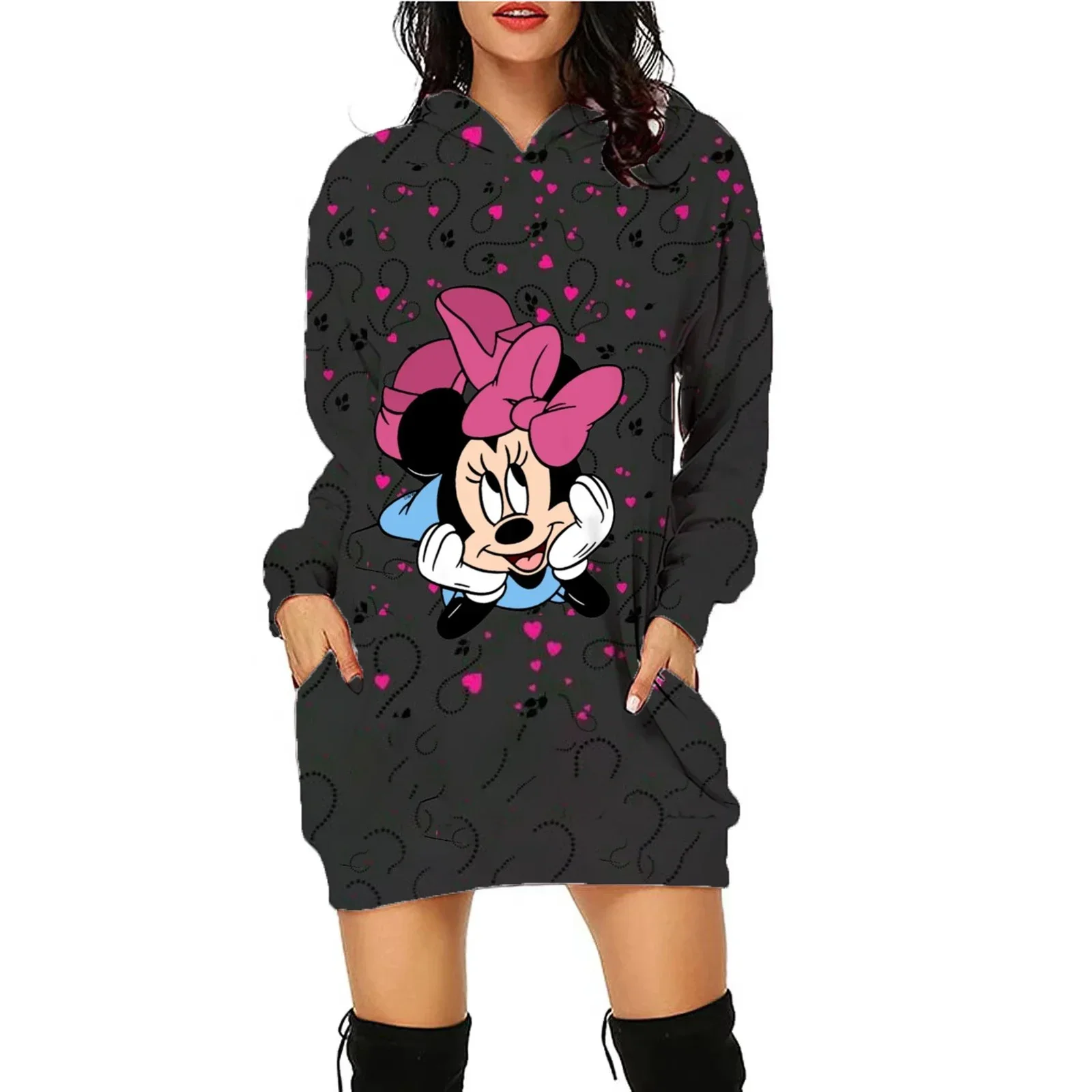 

Disney Hoodie Elegant Women's Dresses for Party 2024 Mini Dress With Hood Long Sleeves Mickey Minnie Luxury Disney Kawaii Top