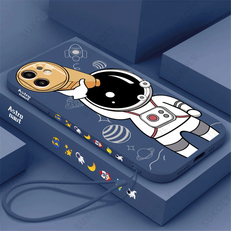 Cute Astronaut Lanyard Case For iPhone 13 11 12 Pro Max 13 Mini XS Max XR X 8 7 Plus SE 2020 Liquid Silicone Hand Strap Cover best iphone 13 mini case