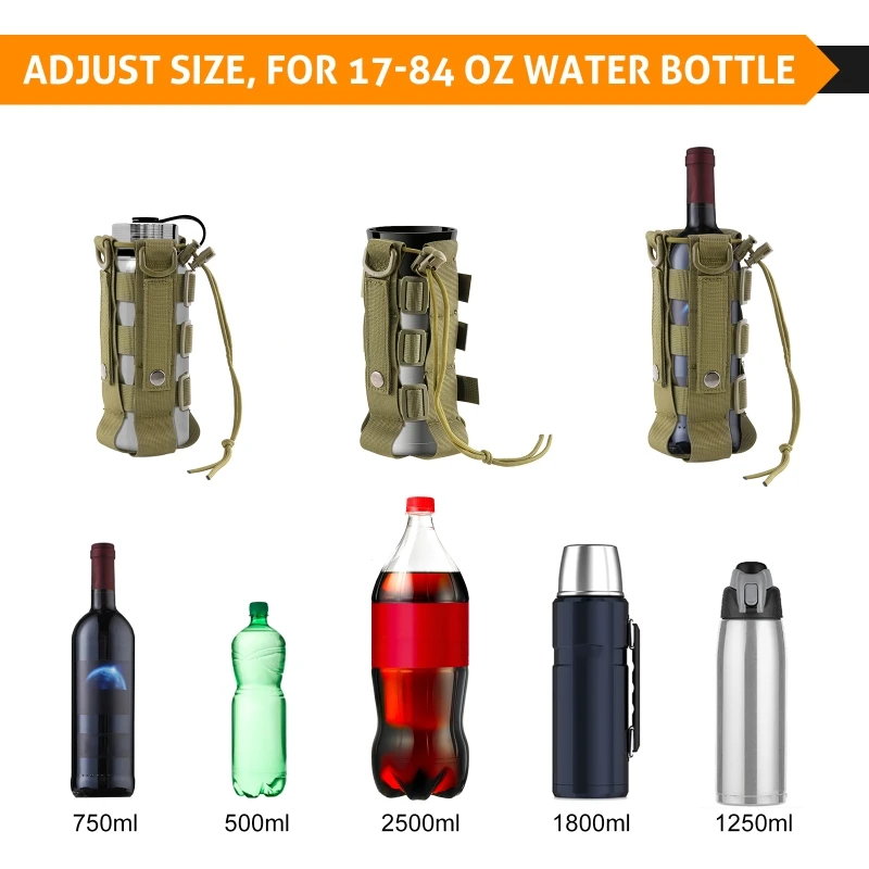 

0.5L-2.5L Molle Water Botttle Pouch Tactical Gear Adjustable Drawstring Kettle Bag Military Bottle Holder Outdoor Camp Water Bag