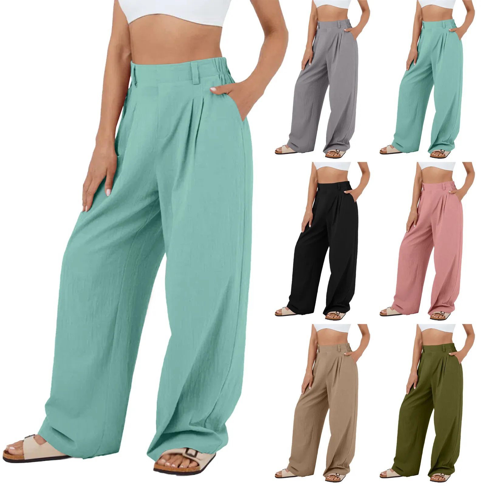 Cotton Linen Pants Womens Summer Fashion Ruffle High Waisted Solid Jogger  Sweatpants Loose Fit Trousers with Pockets - Walmart.com