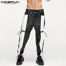 

Fashion All-math Simple Men's Trousers 2Color Stitching Drawstring Elastic Pantalons Male Waist Leather Pants S-5XL INCERUN 2022