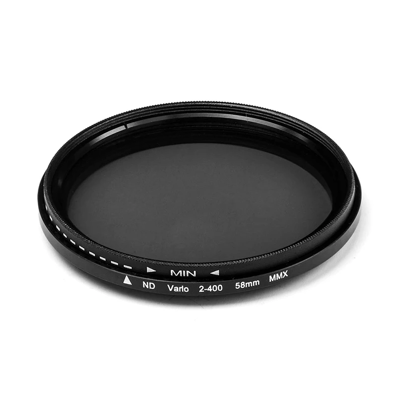 Gros plan du filtre ND dégradé 49-82mm, surface en verre et monture métallique.