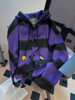 Lazy style cute star stripe hooded sweater women's autumn and winter anime mine knitted cardigan coat 1