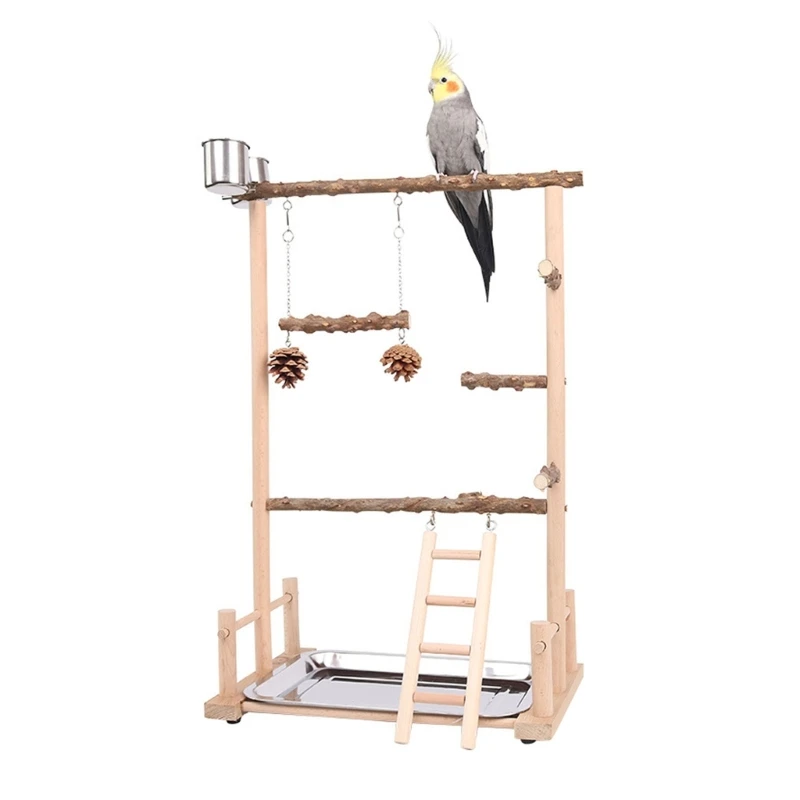 

K5DC Bird Cage Playing Stand Toy Grinding Chew Toy Ladder Swing Parrots Perch Playstand Activities Center with Feeding Cups