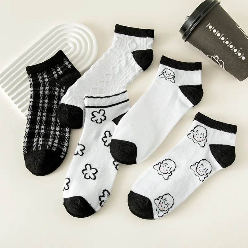 5 Pairs Spring Summer Thin Fashion Women Sock Cartoon Cow Harajuku Kawaii Cute Girl Happy Funny Boat Socks
