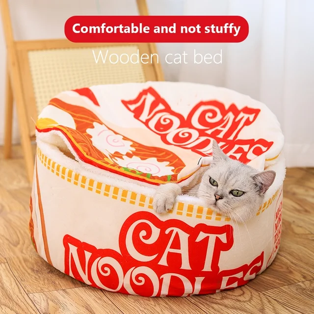 The New Winter Cartoon Ramen Cat Nest Love Warm Cute Semi-enclosed Cat Bed Can Be Opened And Washed 2