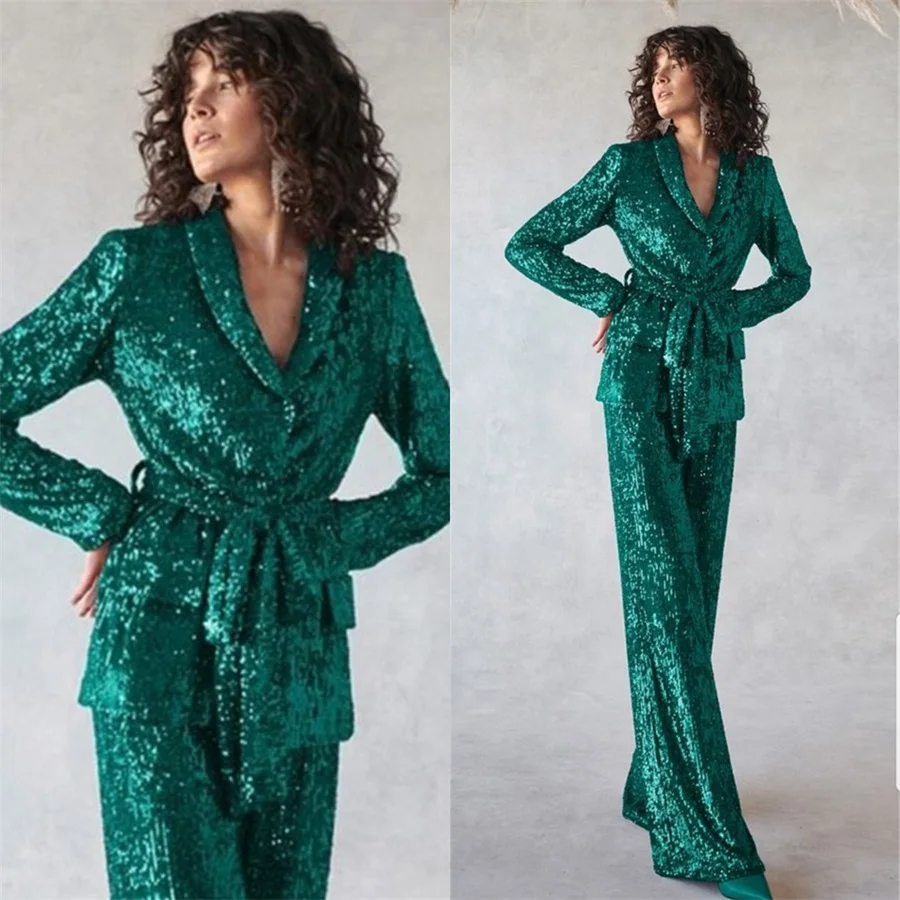 

Блестящие блестящие женские костюмы для вечерние, комплект из 2 предметов, блейзер с поясом + брюки, официальное вечернее платье с красным ковром для выпускного вечера, изготовление на заказ