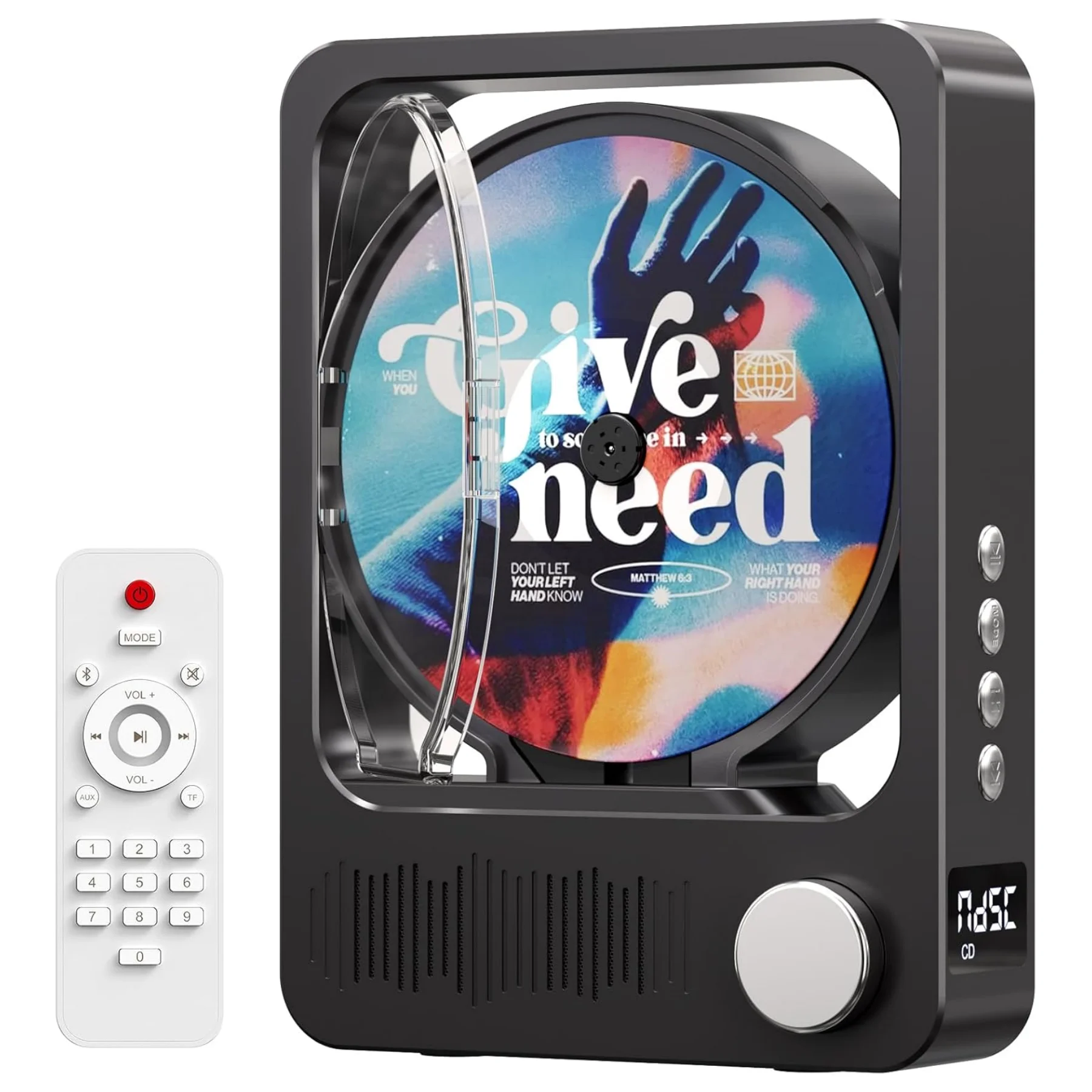 Desktop CD player with speakers, Bluetooth CD player with Hi-Fi stereo, LED display, remote control, AUX, headphone jack support