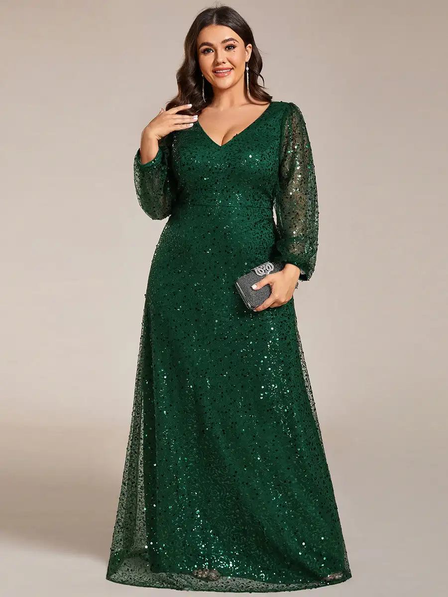 Plus size Evening Dresses Waisted V-neck long sleeve Floor-Length 2024 Ever pretty of A-line Sequin Dark Green Guest dress