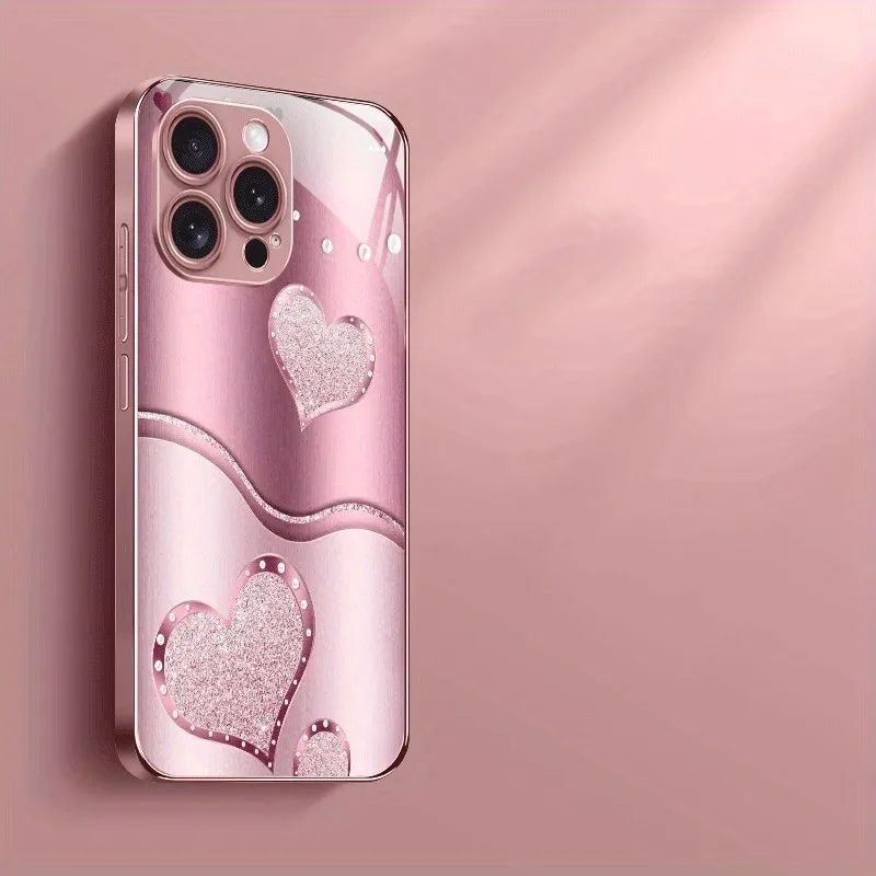 Adorable Love Heart Pattern Tempered Glass Phone Case