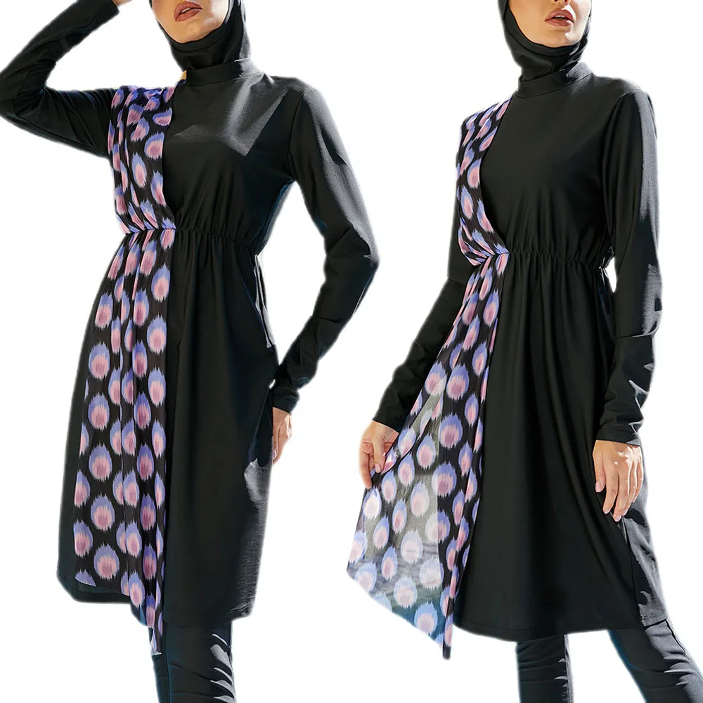 

Muslim Women Long Swimwear Burkinis Islamic Full Cover Swimsuits 3 Pieces Print Patchwork Modest Swimming Bathing Surfing Wear